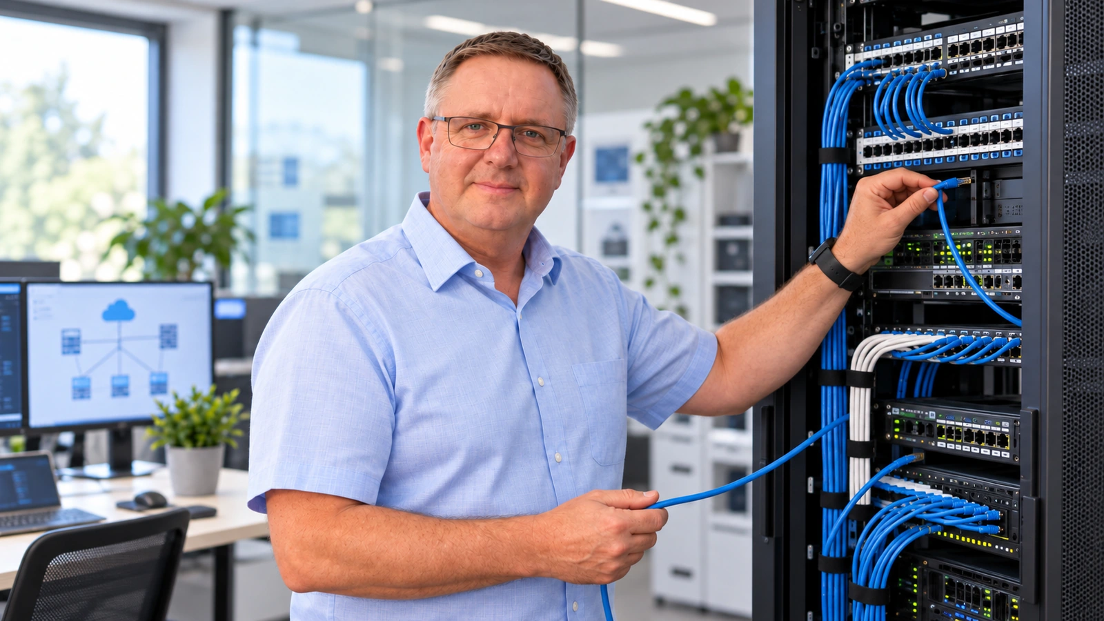 KI-gestaltetes Themenmotiv: Sven Moss im hellblauen Kurzarmhemd erläutert mit Tablet eine Netzwerkverkabelung am Serverschrank.