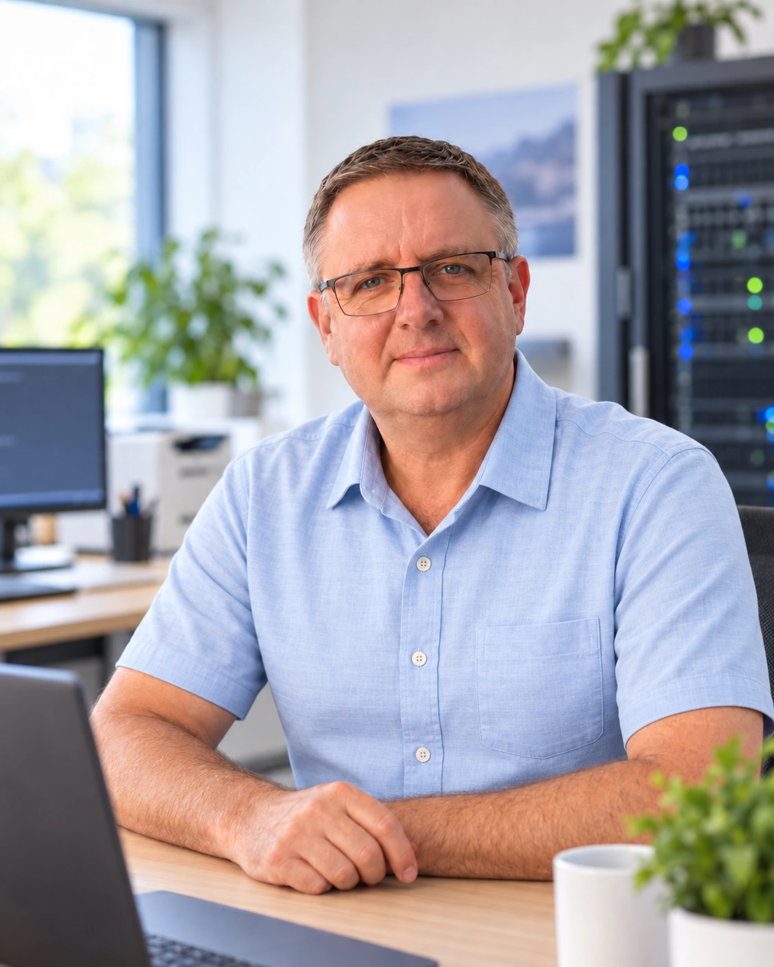 Sven Moss in einer hellen IT-Büroumgebung.