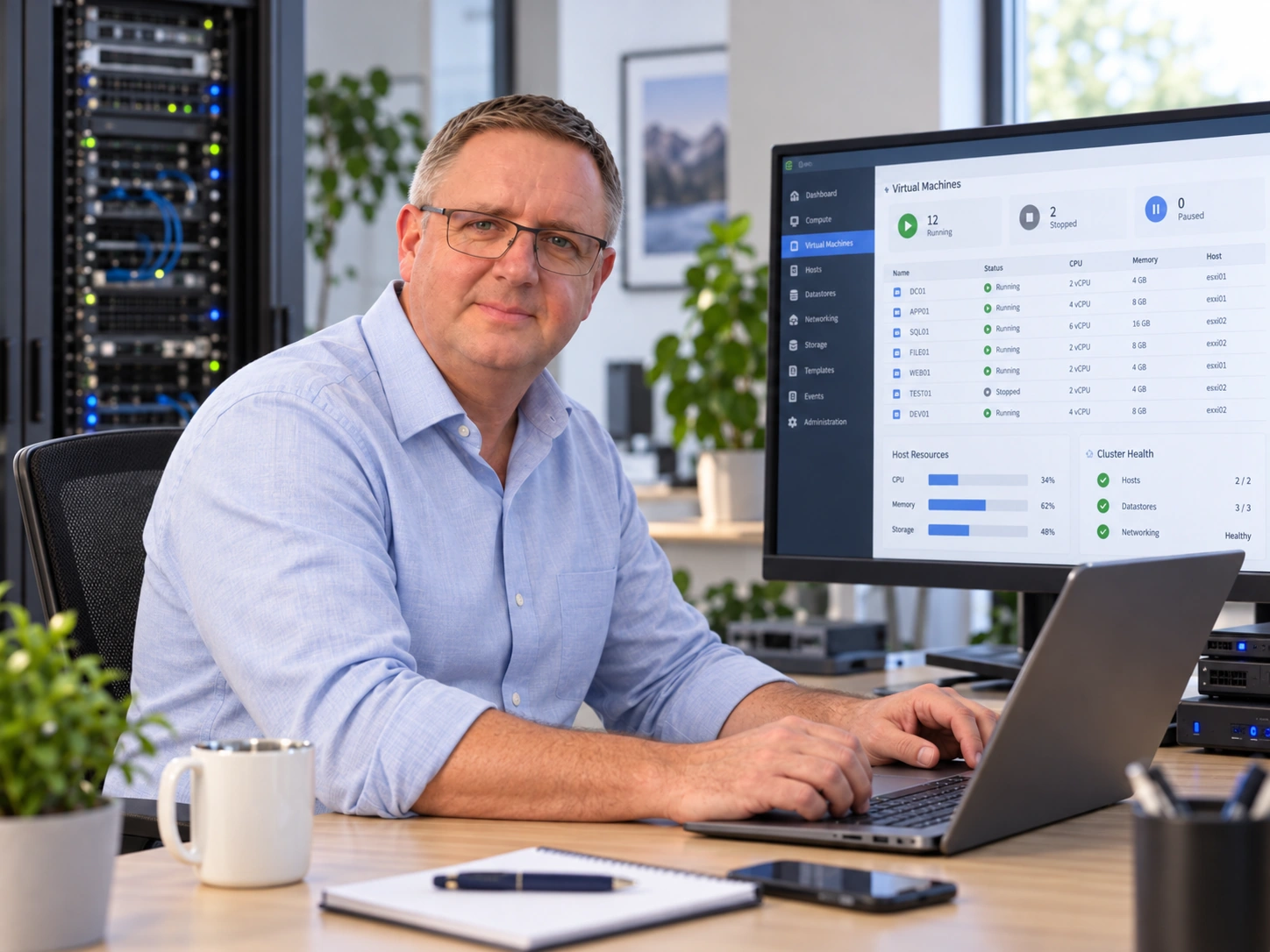 Sven Moss am Arbeitsplatz vor einer Virtualisierungsübersicht.