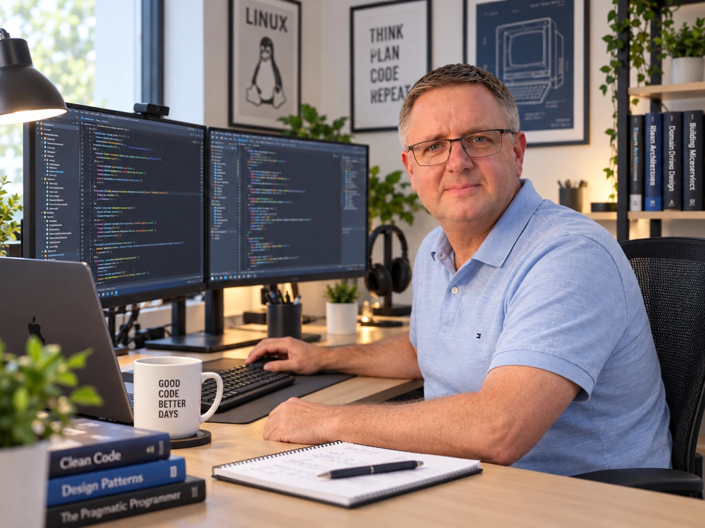 Sven Moss am Entwicklerarbeitsplatz mit Quellcode-Bildschirmen.